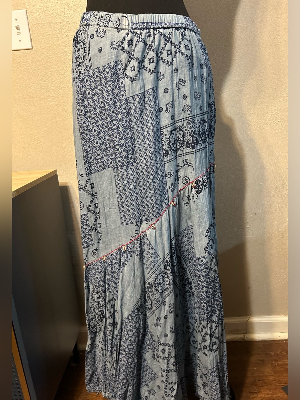 Women’s L Blue Bandana Paisley Maxi Skirt Cowrie Shell 100% Cotton Boho